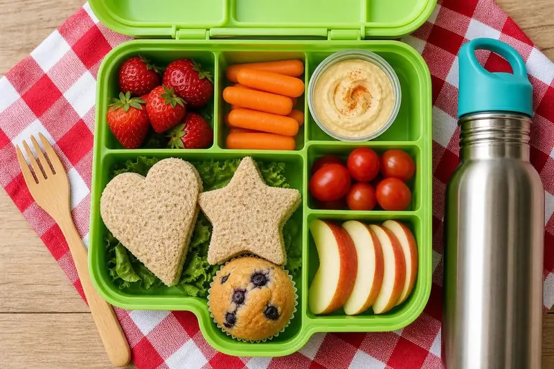 Lonchera saludable con sándwiches en forma de estrella y corazón, frutas y verduras